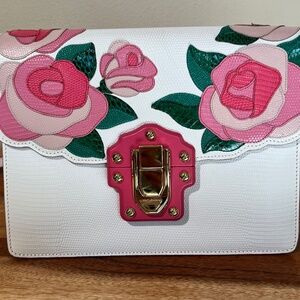 Dolce & Gabbana Pink Roses Lucia Ivory Lizard Skin Leather Bag Purse Italy EUC
